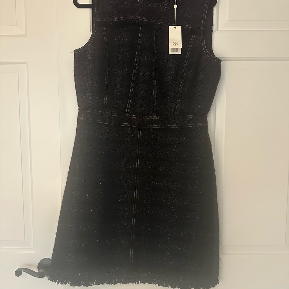 Tory Burch Aria Metallic Black And Navy Sleeveless Tweed Dress Sz 12 $398